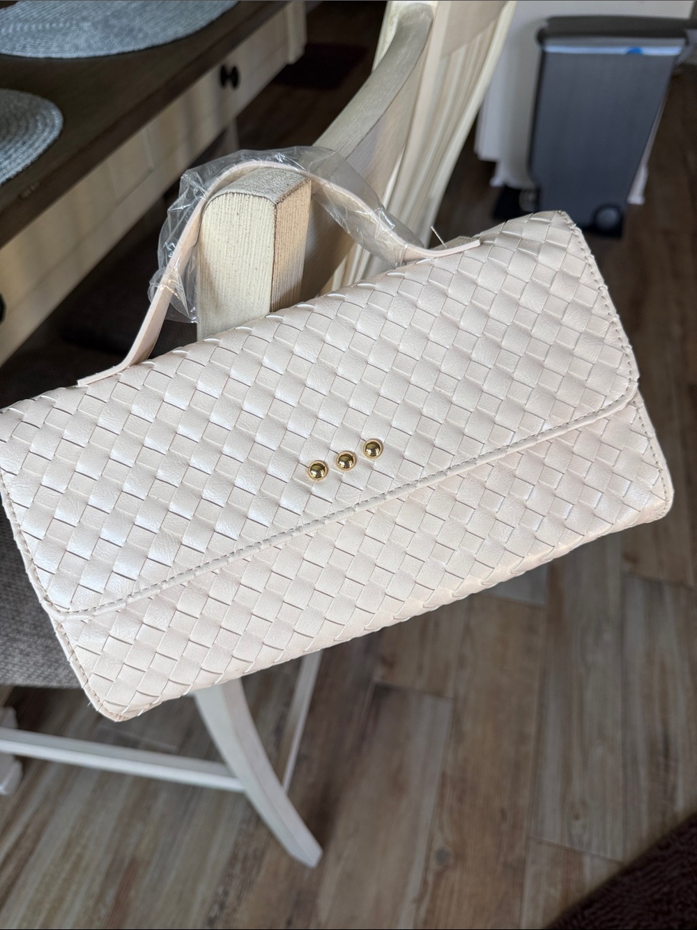 Pretty Simple Cream Woven Clutch with Gold Stud Detail